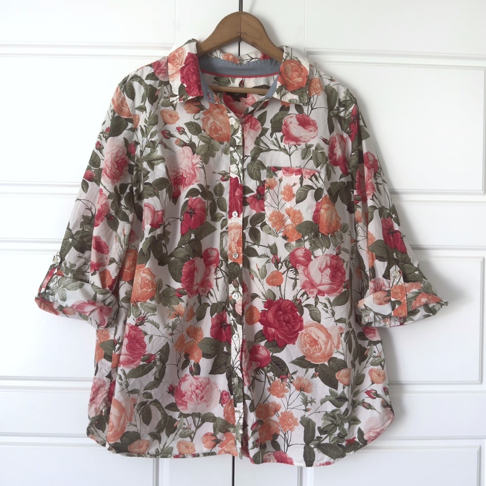 Talbots Floral Button Up Shirt 18W Pink White Roll Tab Sleeve Pocket Colorful